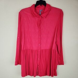 New Directions Weekend Women's XL pink prairie Eyelet Button‎ Down Tunic Top